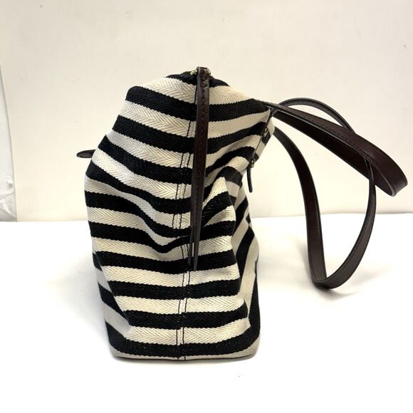 Fossil Jenna Tote Black White Striped Large Zippered Tote Bag Double Handle 12x9 - Picture 2 of 10